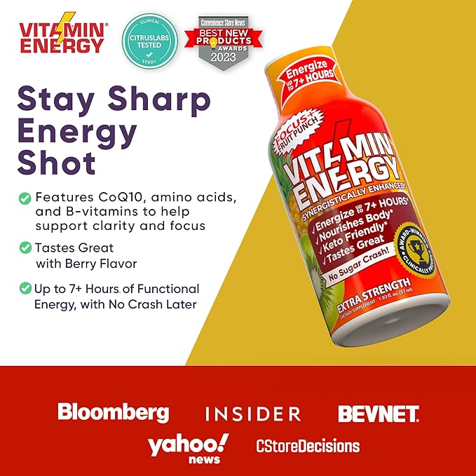 Vitamin Energy Focus+ Extra Strength Energy Shot Fruit Punch 10 Pack, 260mg Natural Caffeine, B-Vitamins, CoQ10, Amino Acids, Focus, Productivity & Clarity, Zero Sugar, Gluten-Free, 1.93 fl oz
