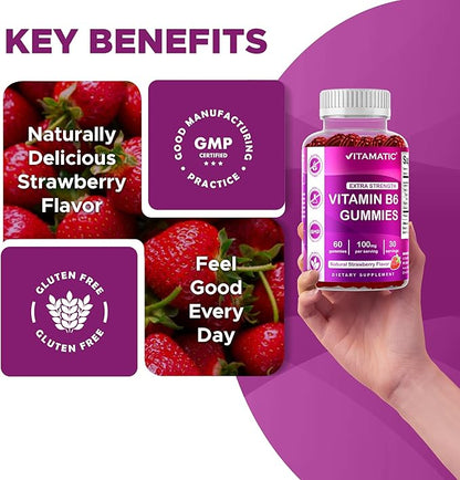 Vitamatic Vitamin B6 100mg - Berry Flavor - 60 Pectin Based Gummies - Supports Nervous System