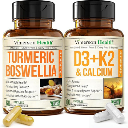 Boswellia Turmeric Curcumin Supplement + Vitamin D3 K2 5000 IU Bundle – Supports Joint Health & Immune, Bone, Heart Health – with Ginger Root, Organic Turmeric Powder, Vitamin D, K2, Calcium