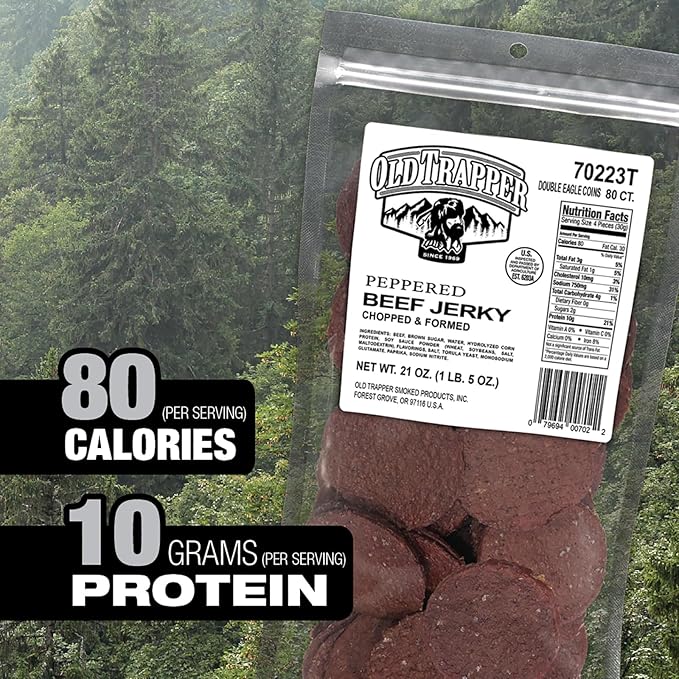 Old Trapper Peppered Double Eagle Beef Jerky, Real Wood Smoked, 10g of Protein, 1 Bag (80 Pieces), (Pack of 2)