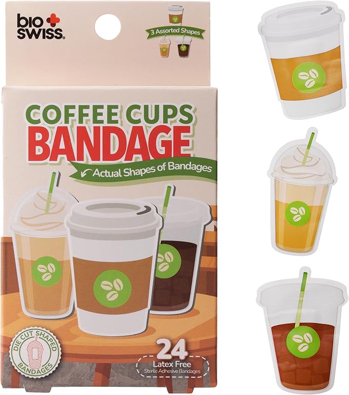 BioSwiss Bandages, Coffee Cup Shaped Self Adhesive Bandage Set, Latex Free, Sterile Wound Care, 24 Count