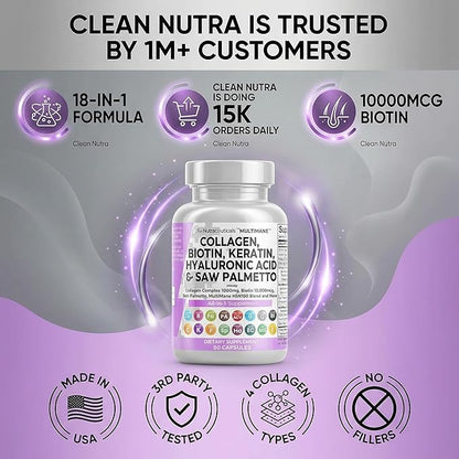 Clean Nutraceuticals Collagen Pills 1000mg Biotin 10000mcg Keratin Saw Palmetto Hyaluronic Acid - Hair Skin & Nails Vitamins & DHT Blocker with Vitamin E Folic Acid Pumpkin Seed MSM - 90 Count