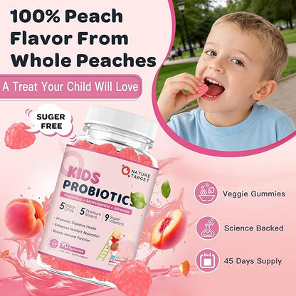 Probiotics for Kids, Kids Probiotic-Multivitamin Gummies with 5 Billion CFUs for Digestive Health & Immune Support, with Vitamins, Prebiotics, Minerals for Children, Natural Peach Flavor, 45 Servings