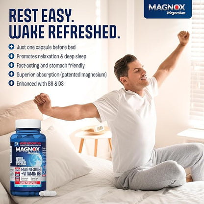 MAGNOX® High Absorption Magnesium Supplement with B6 & D3 Vitamins for Women & Men | Sleep Support | One Capsule a Day for Full Dosage (432mg) Patented & Clinically Tested Formula (60 pils)