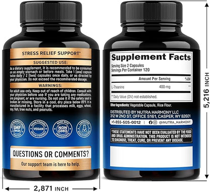 L Theanine 400 mg | L-Theanine Stress Relief | Extra Strength Supplement | Made in USA | Relaxation, Sleep & Calm Support | For Men & Women | Plant Based, Non-GMO & Gluten-Free | 240 Vegan Capsules