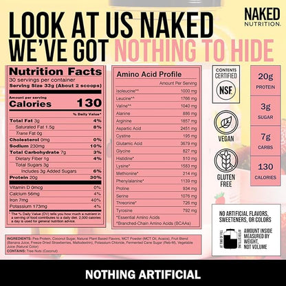 NAKED Shake - Vegan Protein Powder, Strawberry Banana - Flavored Plant Based Protein with Mct Oil, NSF Certified, Gluten-Free, Soy-Free, No Gmos Or Artificial Sweeteners - 30 Servings