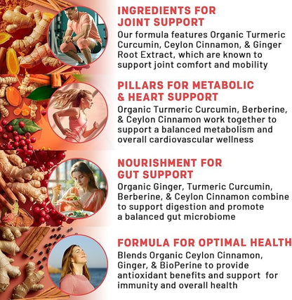 5-in-1 Organic Turmeric Curcumin Supplement (4210mg) with Berberine, Ceylon Cinnamon Bioperine and Ginger Supplements for Joint, Heart, Gut, & Metabolic Support (120 ct) (Pack of 2)