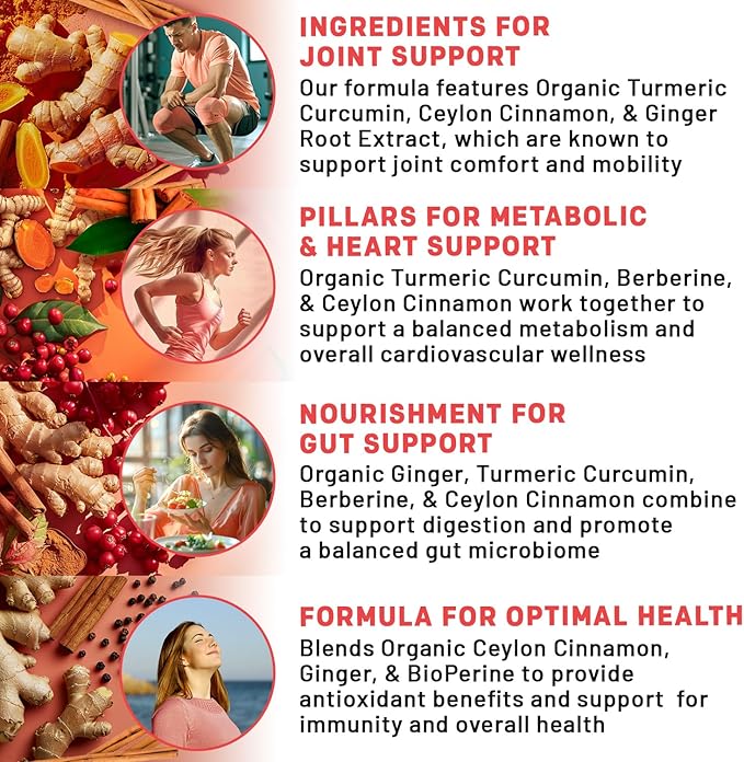 5-in-1 Organic Turmeric Curcumin Supplement (4210mg) with Berberine, Ceylon Cinnamon Bioperine and Ginger Supplements for Joint, Heart, Gut, & Metabolic Support (60 Servings) (Pack of 3)