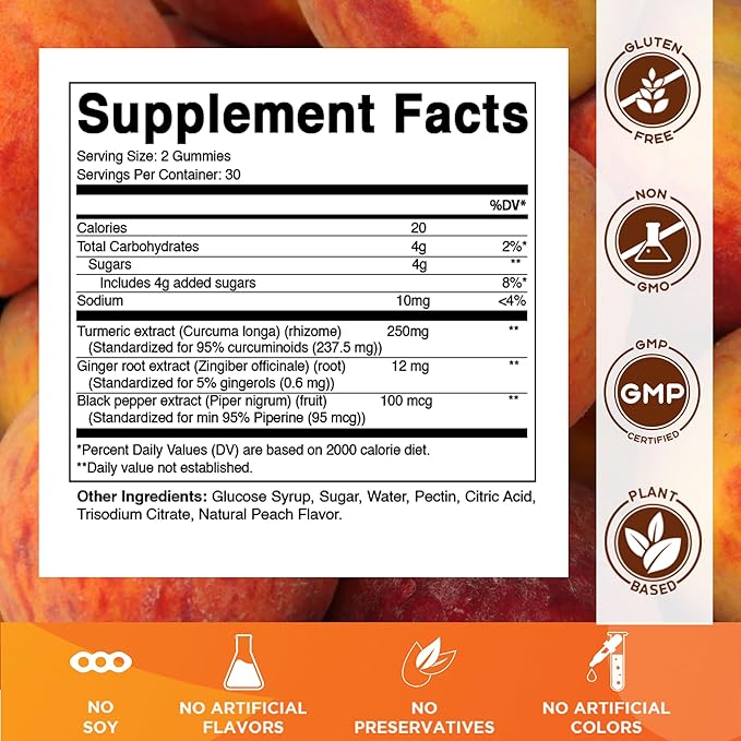 Vitamatic Turmeric Gummies with Ginger & Black Pepper Extract – 60 Vegan Gummies 95% Curcuminoids – Powerful Antioxidant & Inflammatory Support