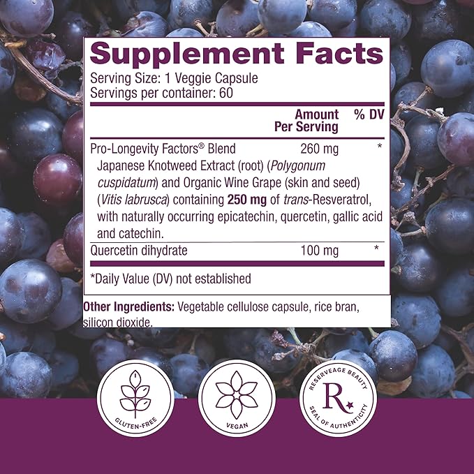 Reserveage Beauty Resveratrol 250 mg - Best Trans-Resveratrol - Vegan Antioxidant Supplement for Cellular & Heart Health - Aids Healthy Aging & Immune Health - 60 Vegetable Capsules