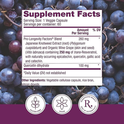 Reserveage Beauty Resveratrol 250 mg - Best Trans-Resveratrol - Vegan Antioxidant Supplement for Cellular & Heart Health - Aids Healthy Aging & Immune Health - 60 Vegetable Capsules