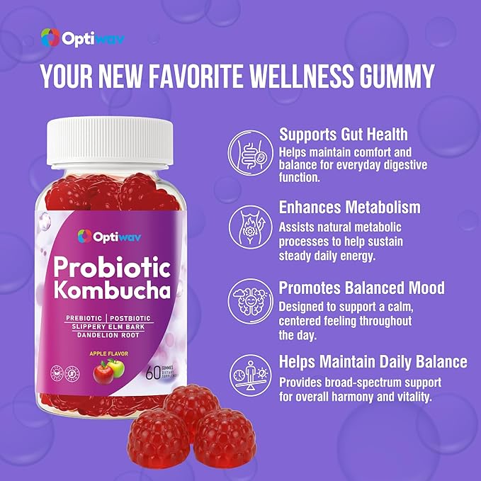 Probiotic Kombucha Gummies for Women Men - Probiotic Prebiotic Probiotic Blend with Slippery Elm Bark Dandelion Root for Gut Health Bloating Metabolism Support - Vegan Gluten-Free Apple Flavor