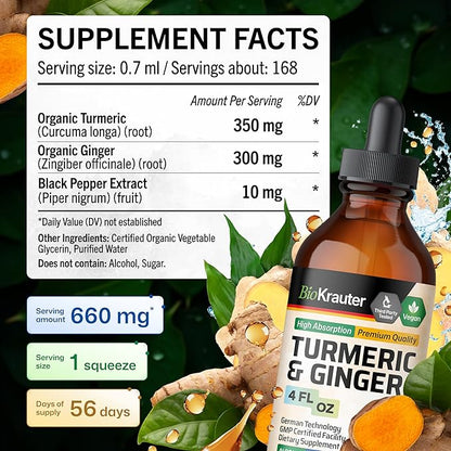 BIO KRAUTER® Turmeric and Ginger Supplement - Pure Vegan Liquid Turmeric & Ginger Tincture with Pepper 4 Fl.Oz 56 Days of Supply - Curcumin Drops for Joint Support, Antioxidant & Immune Support