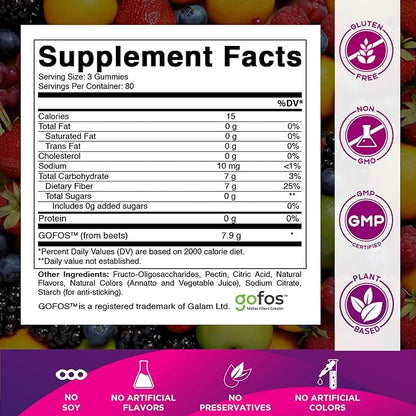 Vitamatic Prebiotic Fiber Gummies for Adults, 7G Extra Strength, Zero Sugar Added, 240 Pectin Based Gummies, Digestive Health & Regularity Support