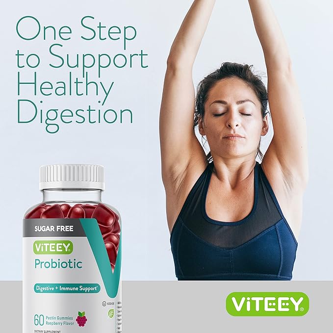 Viteey Probiotic Gummies for Women, Men & Teens, 2 Billion CFUs - Sugar Free - Immune Booster, Digestive Support, Gut Health - Vegan, Gelatin Free, GMO Free - Tasty Chewable Raspberry Flavored Gummy
