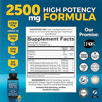 Viva Naturals Omega-3 Fish Oil, Triple Strength, 2500 mg, 60 Softgels – Re-Esterified Omega 3 Fatty Acids Including EPA, DHA, DPA - Pascatarian-Friendly