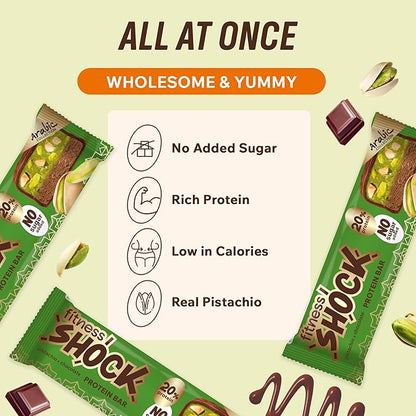 Fitness SHOCK Pistachio Chocolate Protein Bars - No Added Sugar, Low Calorie Low Carb Snack - 10g Protein, 0g Added Sugar, 180 Kcal, 15g Net Carbs, 8g Fat - 12 x 50g
