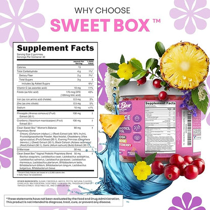 Clean Nutra Feminine Balance Gummies for Women Pineapple VaginalProbiotics pH Balance Cranberry D Mannose Supplement Inositol Black Cohosh Evening Primrose Garlic Vitex GLA Prebiotics Folate 60ct