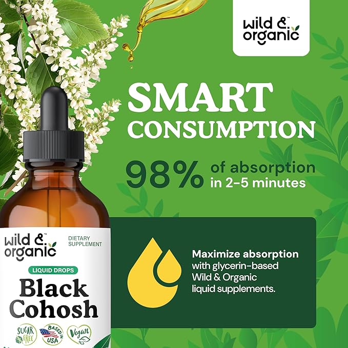 Wild & Organic Black Cohosh Supplements - Menopause Supplements for Women - 540 mg Black Cohosh Root Extract Tincture - Add to Tea Drops - 5-Month Supply - Vegan, Sugar & Alcohol-Free - 4 fl oz