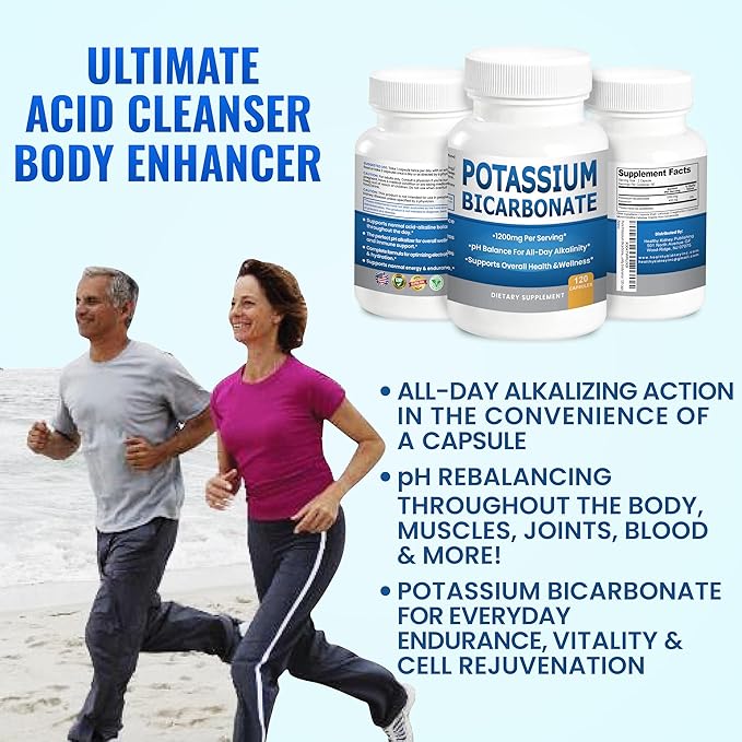 Pure Potassium Bicarbonate Supplement Capsules pH Balance Pills, High Potassium Electrolytes 1200mg Serv. USA Made Bicarbonate Food Grade, Acid-Alkaline Balance Immunity Endurance 120 caps