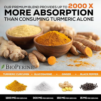 Turmeric Curcumin Supplement - 95% Curcuminoids with Glucosamine, Ginger & MSM, BioPerine Black Pepper Extract for Best Absorption, Natural Vegan Joint Support, Non-GMO, Bottled in USA - 240 Capsules