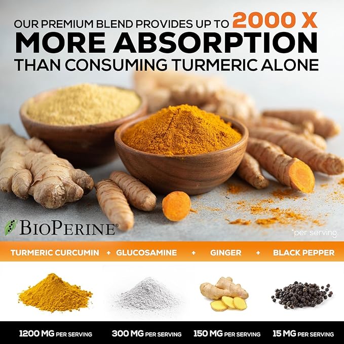 Turmeric Curcumin Supplement - 95% Curcuminoids with Glucosamine, Ginger & MSM, BioPerine Black Pepper Extract for Best Absorption, Natural Vegan Joint Support, Non-GMO, Bottled in USA - 120 Capsules