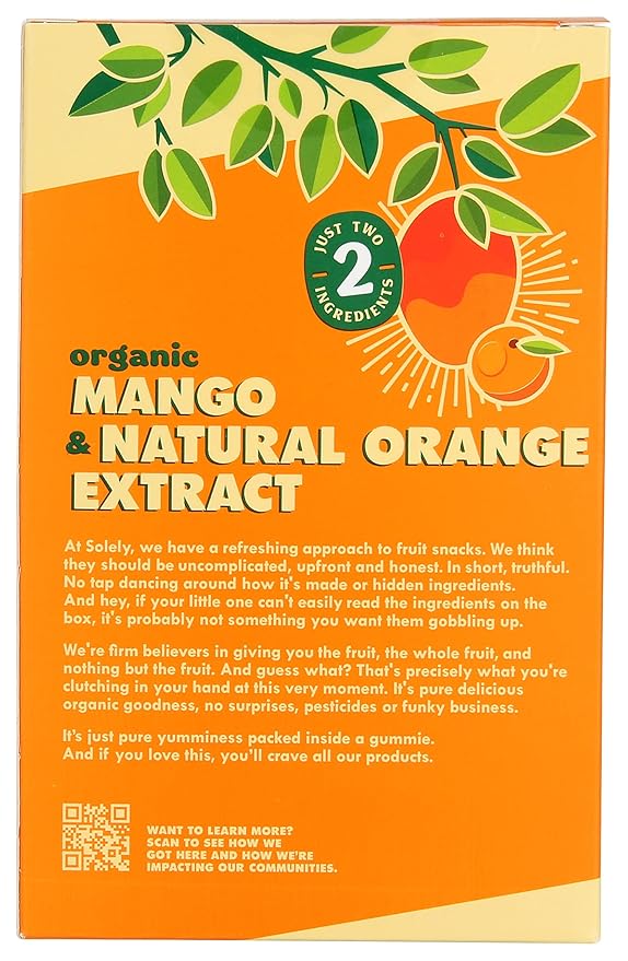 SOLELY - Organic Mango & Orange Whole Fruit Gummies (Pack of 2 Box, 5 Bags per Box) - Real Fresh Fruit - Healthy Snacks for Adults & Kids - Non GMO, Vegan Snacks, Shelf Stable - 5 Bags (3.5 oz)