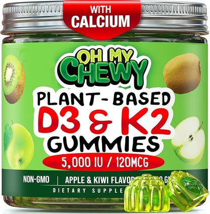OH MY CHEWY Center-Filled Vitamin D3 K2 & Calcium Gummies - Supplement for Healthy Teeth, Bone & Energy - 5000 IU D3, 120 mcg K2(MK-7), 120 mg CA - Vegan & Non-GMO - 120 Count