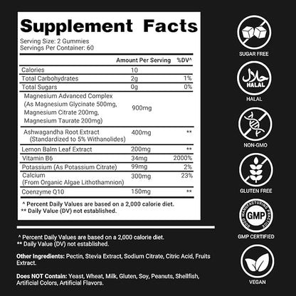 Magnesium Glycinate Gummies for Adults 500mg 120 Sugar Free Gummies Calm and Sleep Support with Ashwagandha Lemon Balm and CoQ10 Magnesium Supplement for Stress and Relaxation