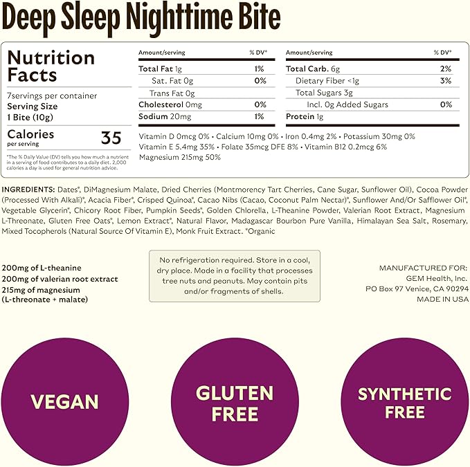 GEM Sleep Aid, Nighttime Bite, 7 Pack, Melatonin Free, L-Theanine, Magnesium, Valerian Root Extract | Vegan and Gluten Free | Earthy Chocolate Cherry, Trial Size