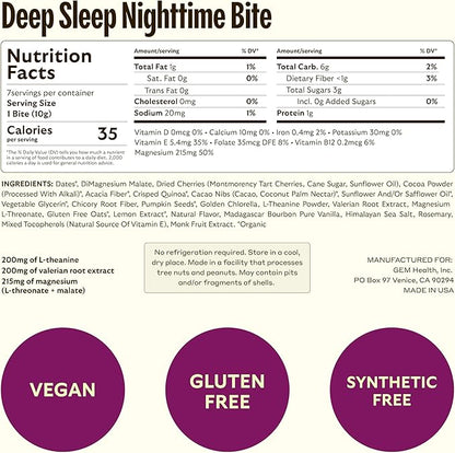 GEM Sleep Aid, Nighttime Bite, 7 Pack, Melatonin Free, L-Theanine, Magnesium, Valerian Root Extract | Vegan and Gluten Free | Earthy Chocolate Cherry, Trial Size