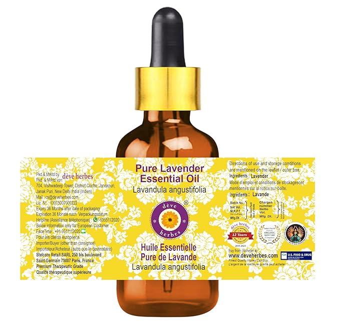 Deve Herbes Pure Lavender Essential Oil (Lavandula angustifolia) with Glass Dropper Steam Distilled 5ml (0.16 oz)