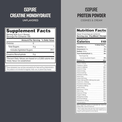 Isopure Bundle of Zero Carb 100% Pure Whey Isolate Protein Powder, Cookies & Cream, 25g Protein Per Serving, 1 Lb, 15 Servings + Isopure 100% Pure Creatine Monohydrate Powder, 100 Servings