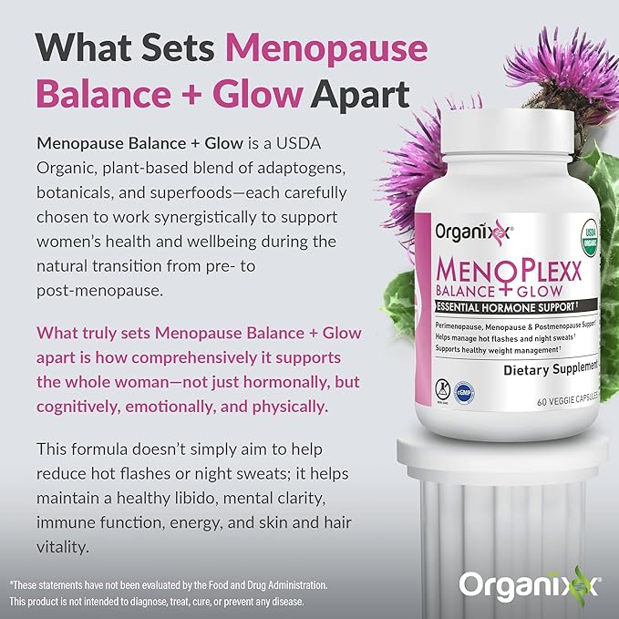 Organixx Menopause Balance + Glow, Womens Supplement with Ashwagandha, Reishi Mushroom, and Milk Thistle, Plant Based Adaptogens and Superfood Blend, Dairy, Soy & Gluten Free, Non GMO, 60 Capsules