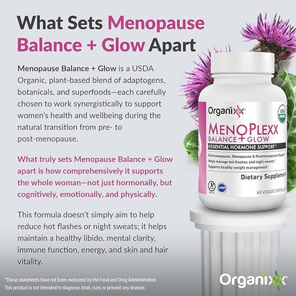 Organixx Menopause Balance + Glow, Womens Supplement with Ashwagandha, Reishi Mushroom, and Milk Thistle, Plant Based Adaptogens and Superfood Blend, Dairy, Soy & Gluten Free, Non GMO, 60 Capsules