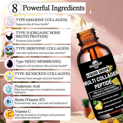 Multi Collagen Peptides Liquid Drops for Women & Men-Type I, II, III, V, X丨Hydrolyzed Collagen Peptides, Collagen Proteins W. Hyaluronic Acid, Biotin & Vitamin C for Hair Skin & Joint Gut Health
