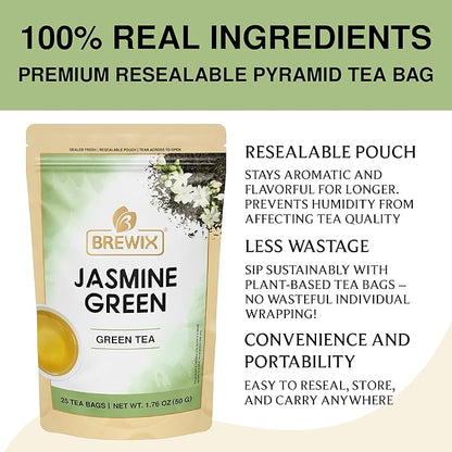 BREWIX, Jasmine Green Tea (25 Pyramid Tea Bags) | High Grown Green Tea from Himalayas with Jasmine | Caffeinated Tea Loose Leaf | High Elevation Grown