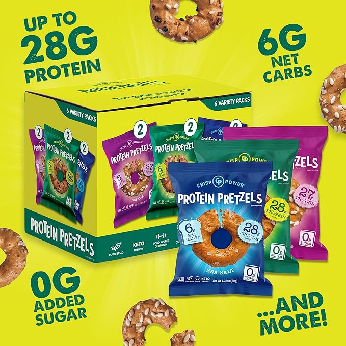 CRISP POWER Protein Pretzels, Variety Pack With Sea Salt, Sesame, & Everything, Up To 28G Protein, High Protein Snack, High Fiber, Low Carb Crunchy Pretzel Snacks, No Added Sugar, 1.75 oz Bags, 6 Pack, Vegan, Keto