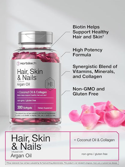 Horbäach Hair Skin and Nails Vitamins | 300 Softgels | with Biotin and Collagen | Infused with Argan Oil and Coconut Oil | Non-GMO, Gluten Free Supplement