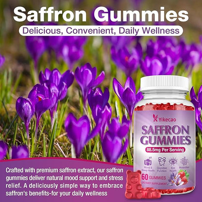 2 Pack Saffron Supplements Gummies for Kids & Adult, 88.5mg Saffron Extract with Vitamin D3, B6, Magnesium, Ashwagandha, L-Theanine for Clam, Energy, Focus, Sugar-Free, Strawberry Flavor, 120 Count