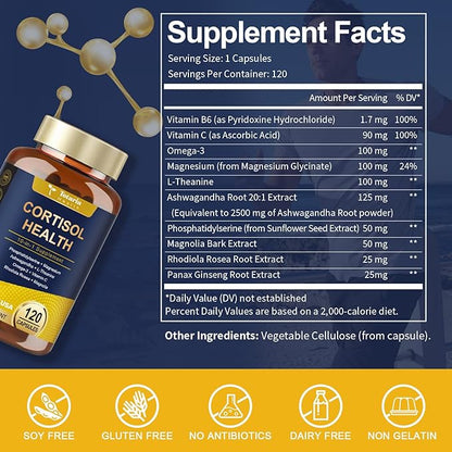 Totaria Cortisol Supplement with Ashwagandha,Magnesium,Rhodiola Rosea,L Theanine,Hormone Balance for Women Mood, Focus, Sleep Support 120 Vegan Capsules (Pack of 2)