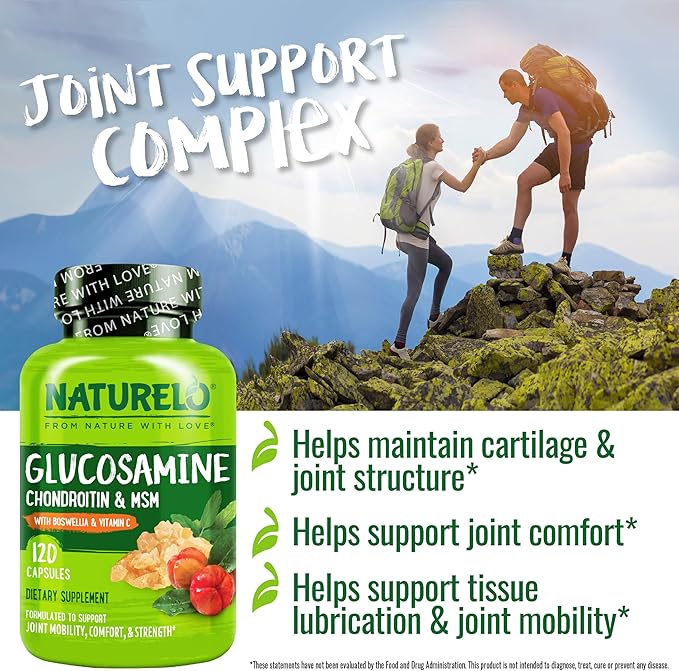NATURELO Glucosamine Chondroitin MSM with Boswellia and Vitamin C - Supplement for Joint Comfort, Mobility, and Strength - 120 Capsules
