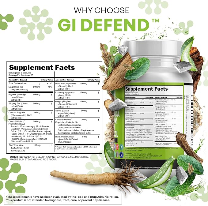 Clean Nutraceuticals Slippery Elm Psyllium Husk Pre Probiotic Digestive Gut Health Supplement with Aloe Vera Cascara Sagrada Marshmallow Root DGL Licorice Senna Extract