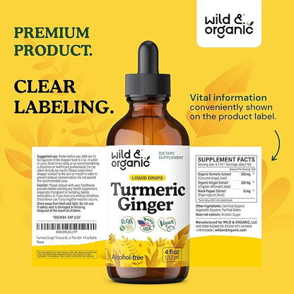 Wild & Organic Turmeric and Ginger Supplement Drops - Joint & Immune Support - Liquid Turmeric Curcumin with Black Pepper and Ginger - Curcumin Supplement - Vegan, Sugar & Alcohol-Free Tincture - 4 oz
