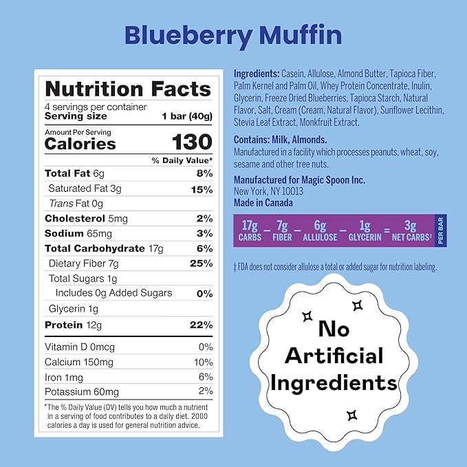 Magic Spoon Treats - 8 High Protein Bars, Blueberry Muffin - High Protein Gluten Free Snack - Sugar & Gluten Free Protein Cereal Bar - Low Carb & Keto Friendly - Healthy Snacks for Adults