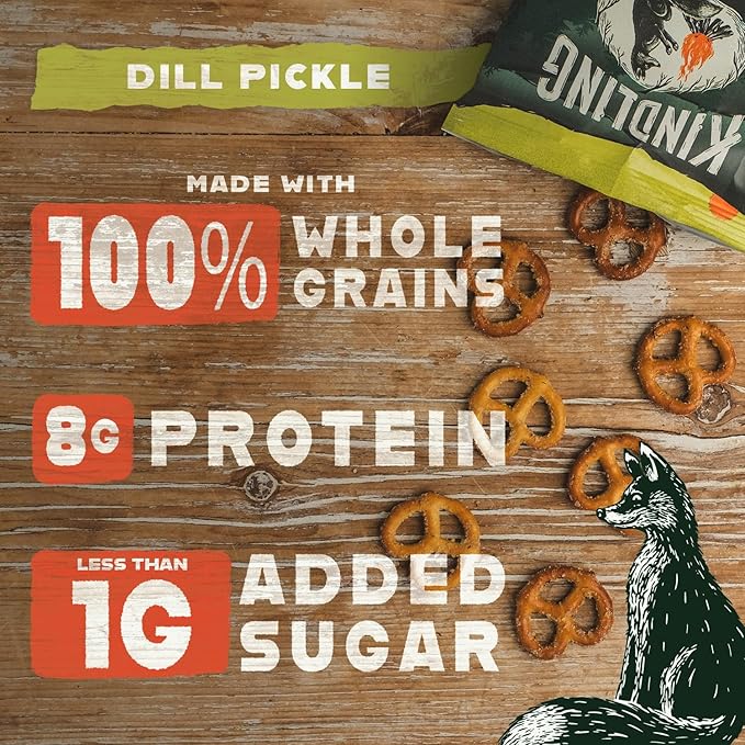 Kindling Protein Pretzels - Dill-Pickle | Protein-Packed Snack Size Bags | Kosher | 8-9g Protein Per Serving | No Artificial Flavors, Soy-Free | Lunches, Office Snacks, & On-the-Go | 16-Count (1.06oz Bags)