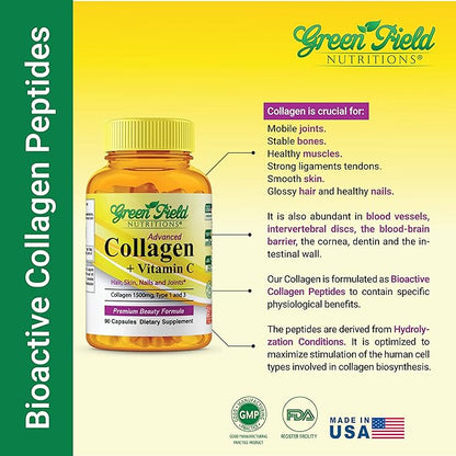 Greenfield Nutritions - Halal Collagen Peptides 1500 mg Type I & III, with Vitamin C 300 mg for Better Absorption, Anti-Aging Formula for Hair, Skin, Nails & Joints, Halal Vitamins, 90 Capsules
