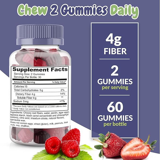 Health Supplied Mixed Berry Flavored Prebiotic Fiber Gummies - Supports Digestive System Gut Cleansing, Constipation Relief - Assists with Weight Loss Plan - Great Tasting and Easy to Swallow