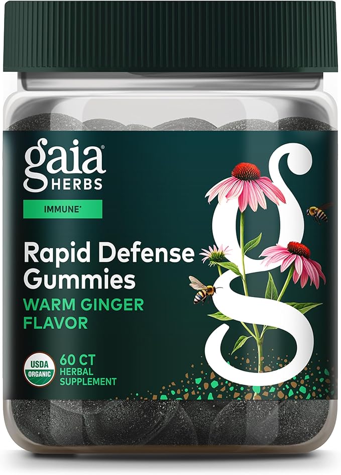 Gaia Herbs Rapid Defense Gummies - Supports Immune Health* - with Propolis, Ginger & Echinacea - USDA Organic - 60 Vegetarian Gummies (30 Servings)