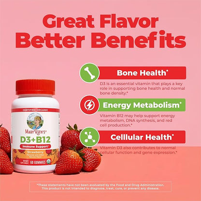 MARYRUTH'S Organic Vitamin D3 + B12 Gummies for Ages 4+ | Bone Health | Immune Support | Energy Metabolism | Cognitive Function | Vegan | Non-GMO | Gluten Free | 60 Servings | 2 Month Supply